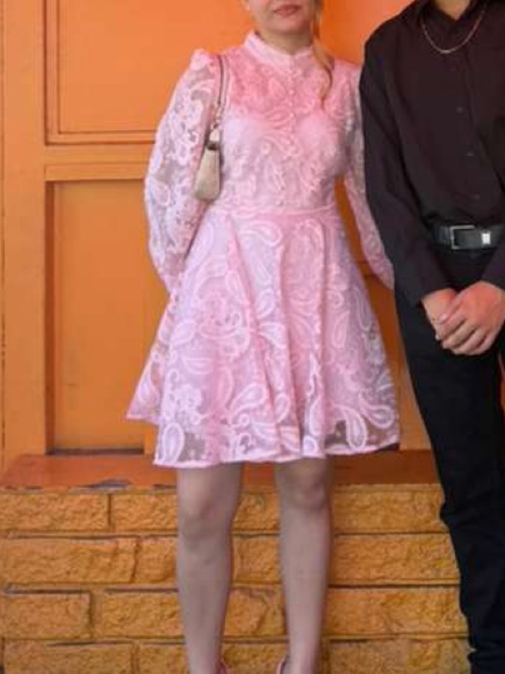 Women's Pink Lace Long-Sleeve Mini Dress - Picture 3 of 4